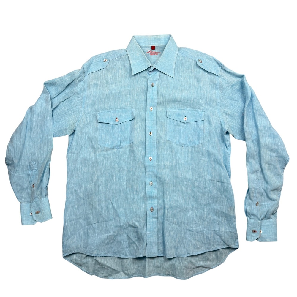 Luchiano Visconti Button Up Shirt Mens L Blue 100% Linen Epaulets Safari Rainbow